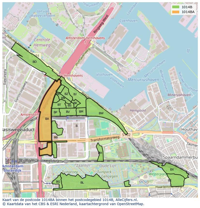 Afbeelding van het postcodegebied 1014 BA op de kaart.