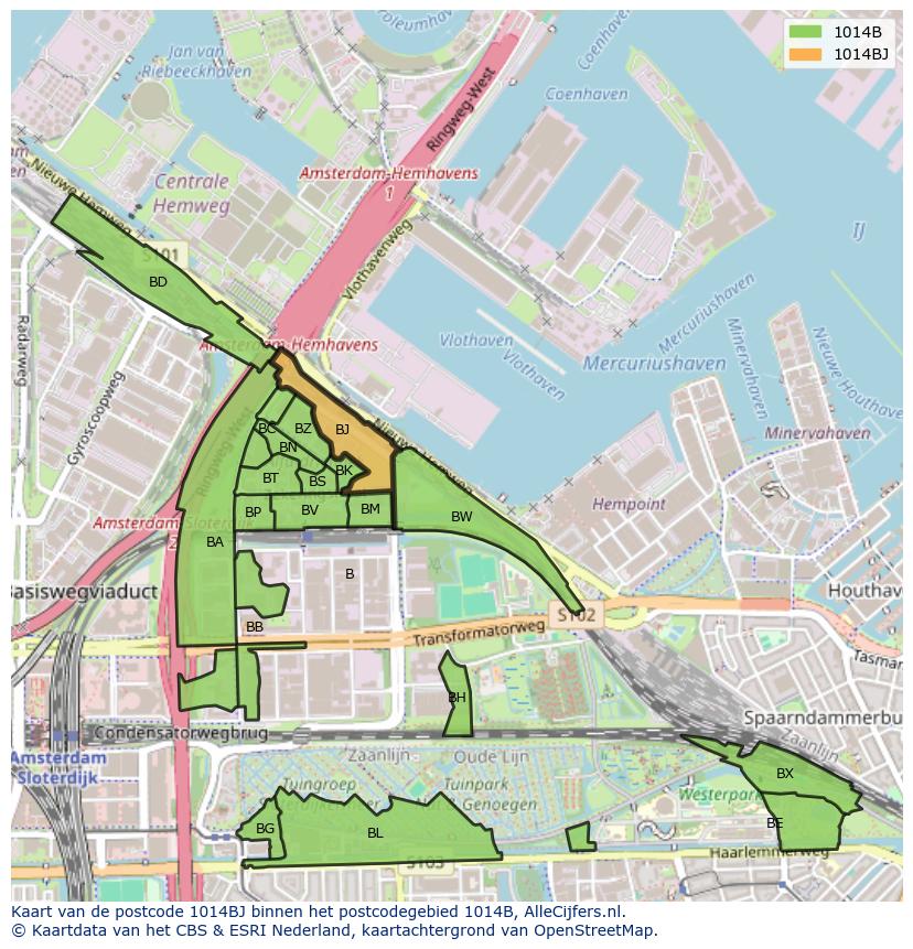 Afbeelding van het postcodegebied 1014 BJ op de kaart.