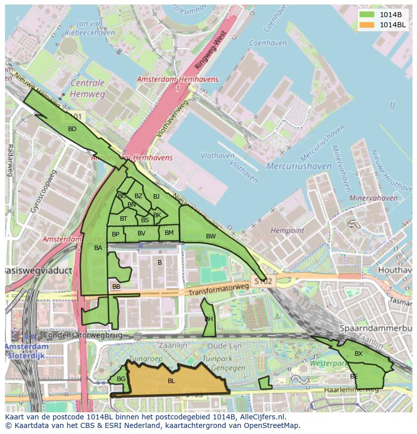 Afbeelding van het postcodegebied 1014 BL op de kaart.