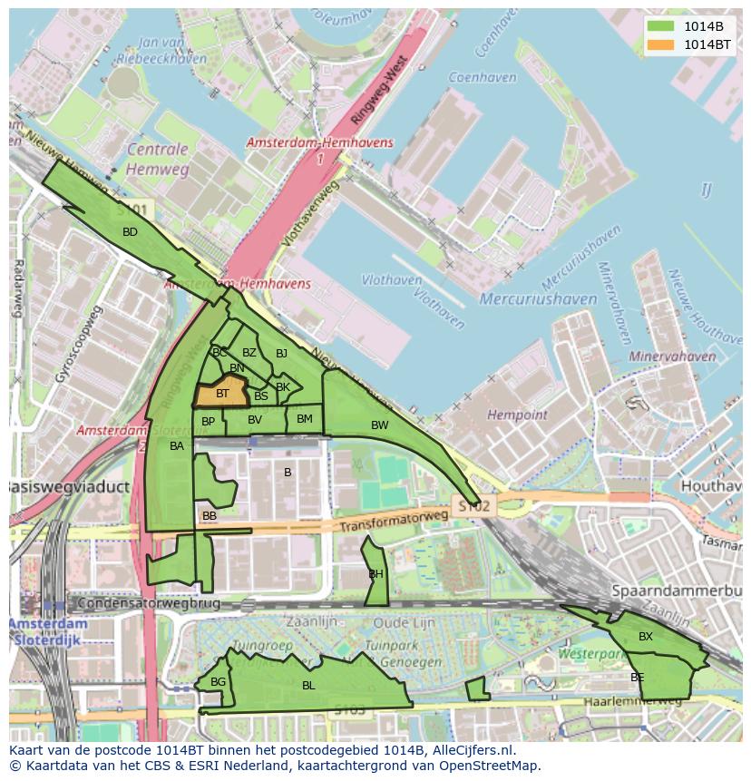 Afbeelding van het postcodegebied 1014 BT op de kaart.