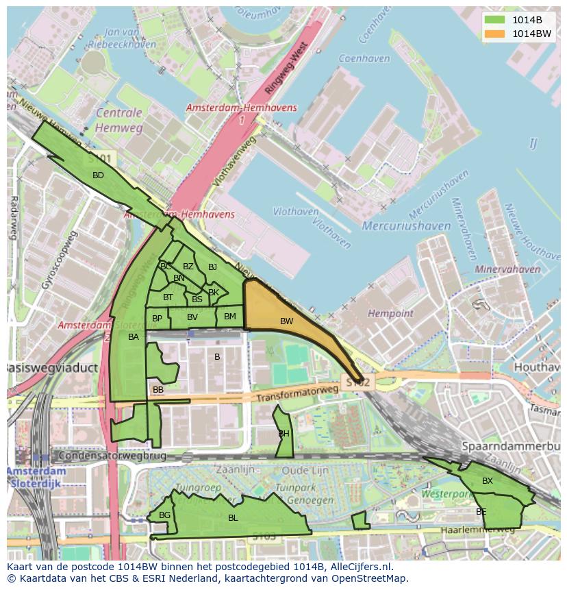 Afbeelding van het postcodegebied 1014 BW op de kaart.