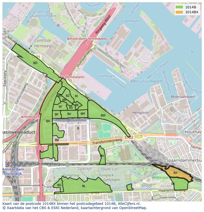 Afbeelding van het postcodegebied 1014 BX op de kaart.