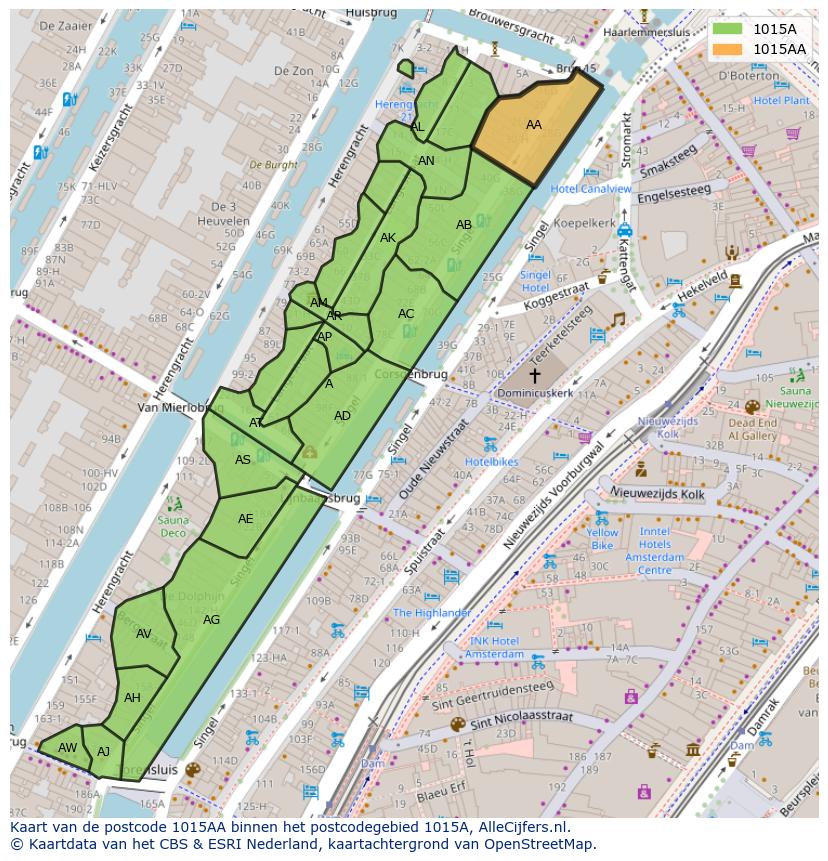 Afbeelding van het postcodegebied 1015 AA op de kaart.