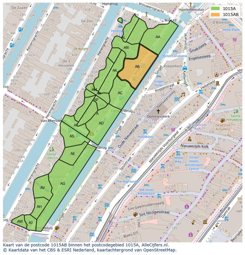 Afbeelding van het postcodegebied 1015 AB op de kaart.