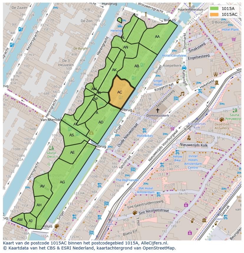 Afbeelding van het postcodegebied 1015 AC op de kaart.