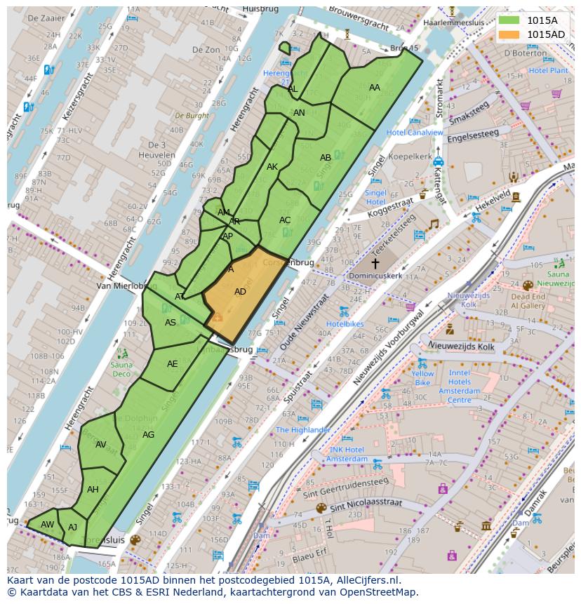 Afbeelding van het postcodegebied 1015 AD op de kaart.