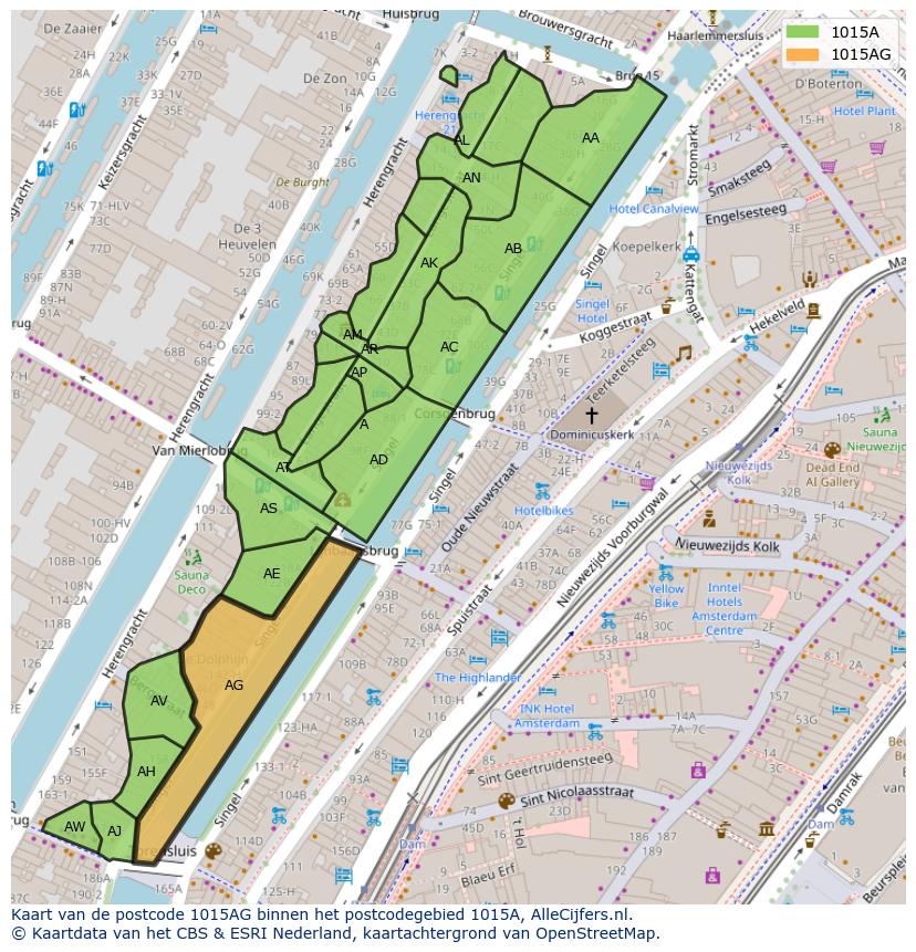 Afbeelding van het postcodegebied 1015 AG op de kaart.