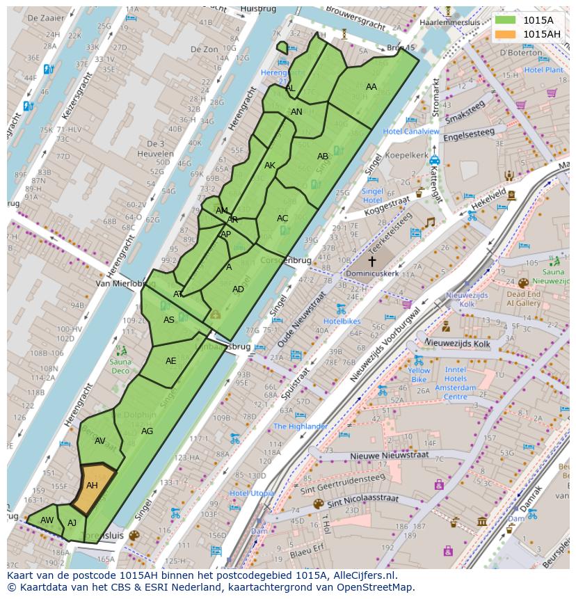 Afbeelding van het postcodegebied 1015 AH op de kaart.