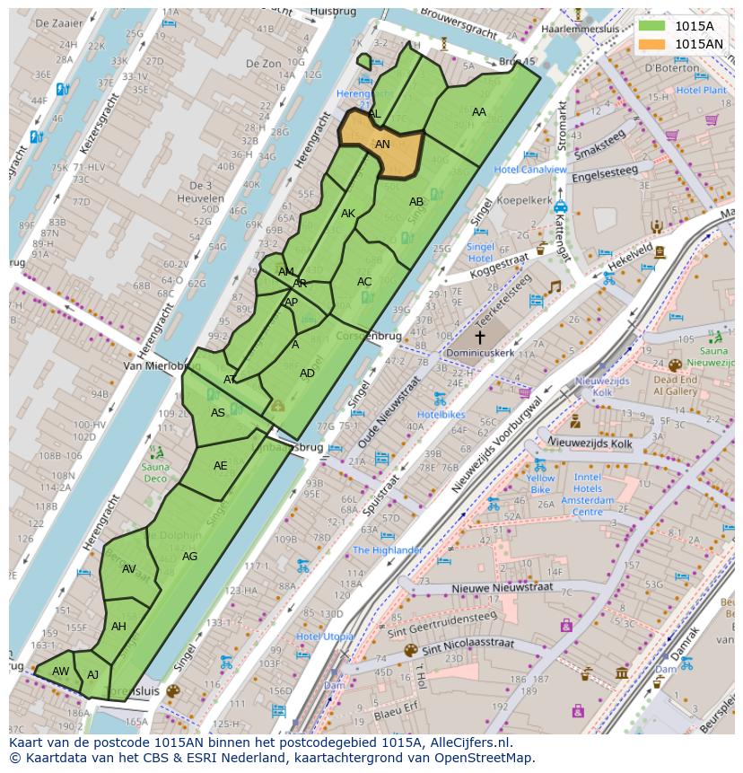 Afbeelding van het postcodegebied 1015 AN op de kaart.