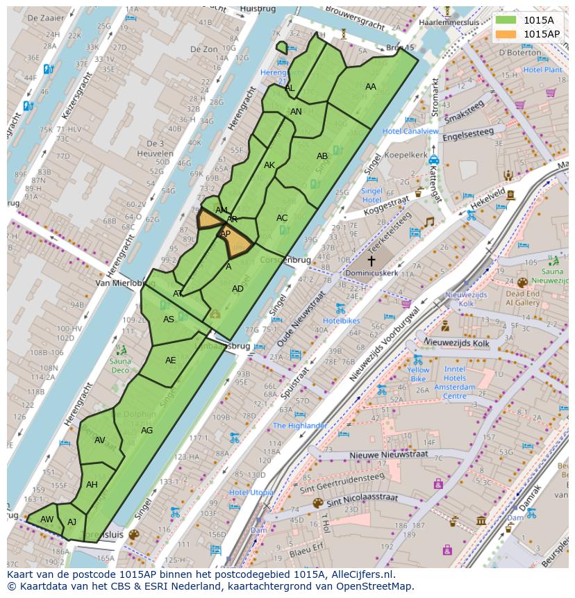 Afbeelding van het postcodegebied 1015 AP op de kaart.