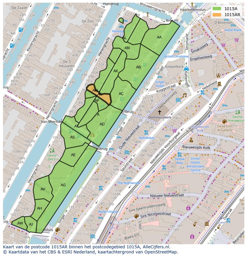 Afbeelding van het postcodegebied 1015 AR op de kaart.