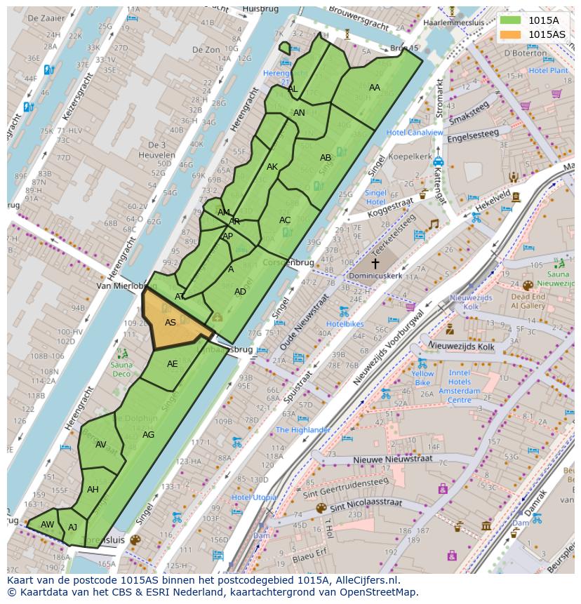 Afbeelding van het postcodegebied 1015 AS op de kaart.