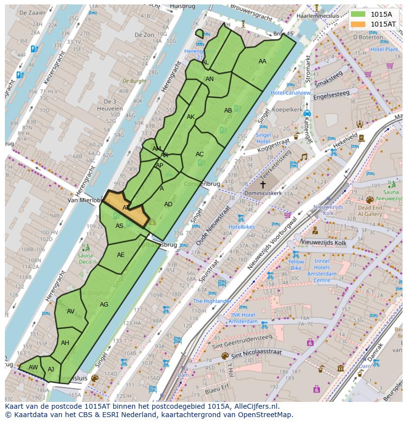 Afbeelding van het postcodegebied 1015 AT op de kaart.
