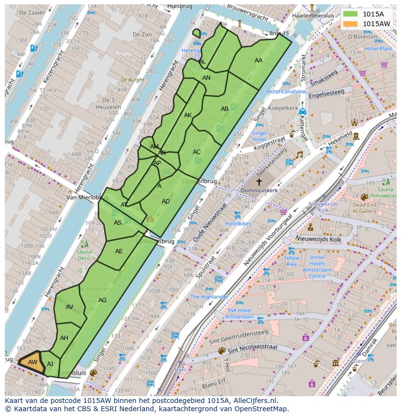 Afbeelding van het postcodegebied 1015 AW op de kaart.