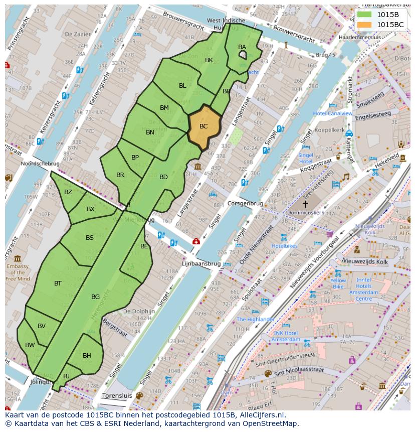 Afbeelding van het postcodegebied 1015 BC op de kaart.