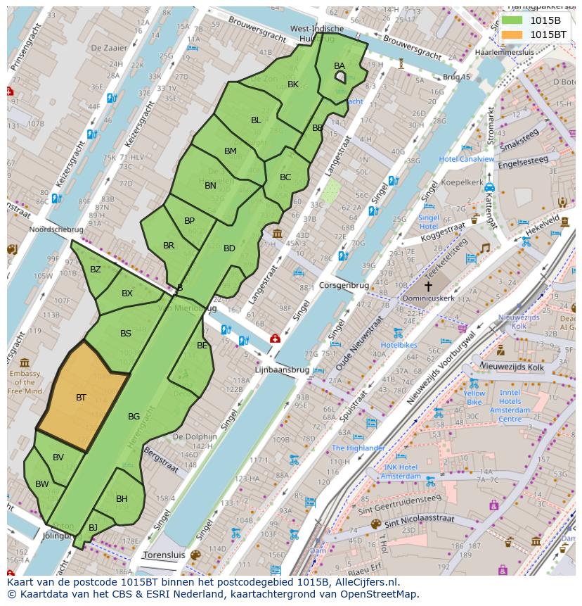 Afbeelding van het postcodegebied 1015 BT op de kaart.