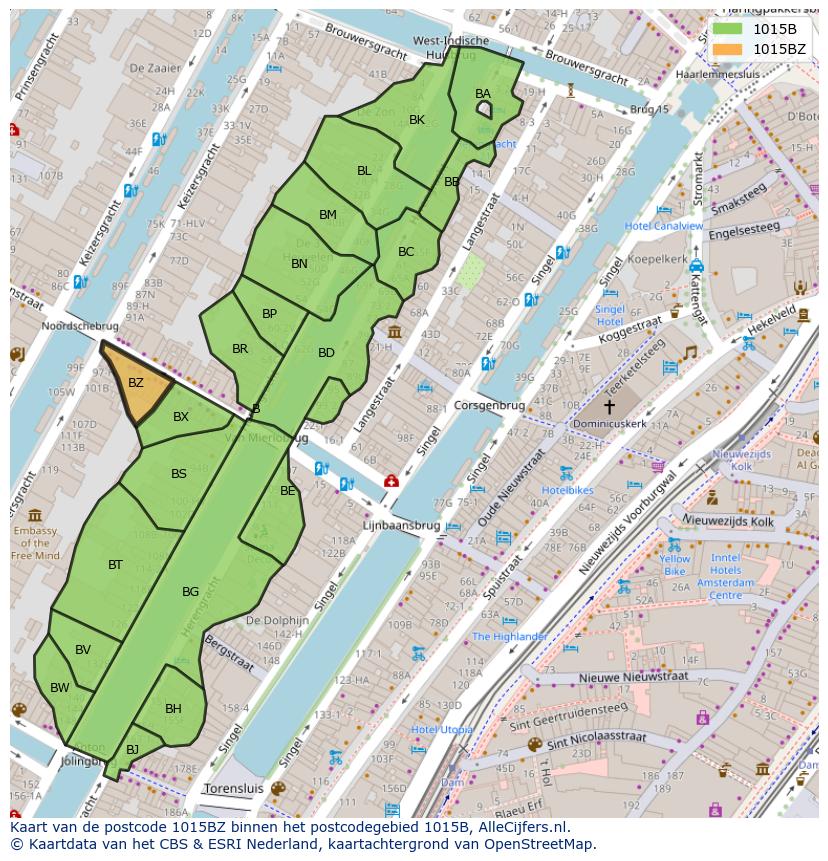 Afbeelding van het postcodegebied 1015 BZ op de kaart.