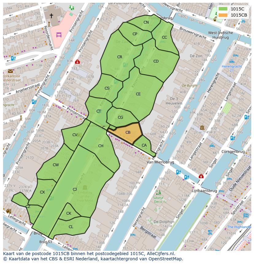 Afbeelding van het postcodegebied 1015 CB op de kaart.
