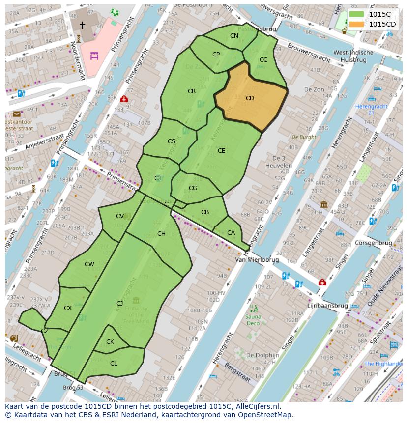 Afbeelding van het postcodegebied 1015 CD op de kaart.