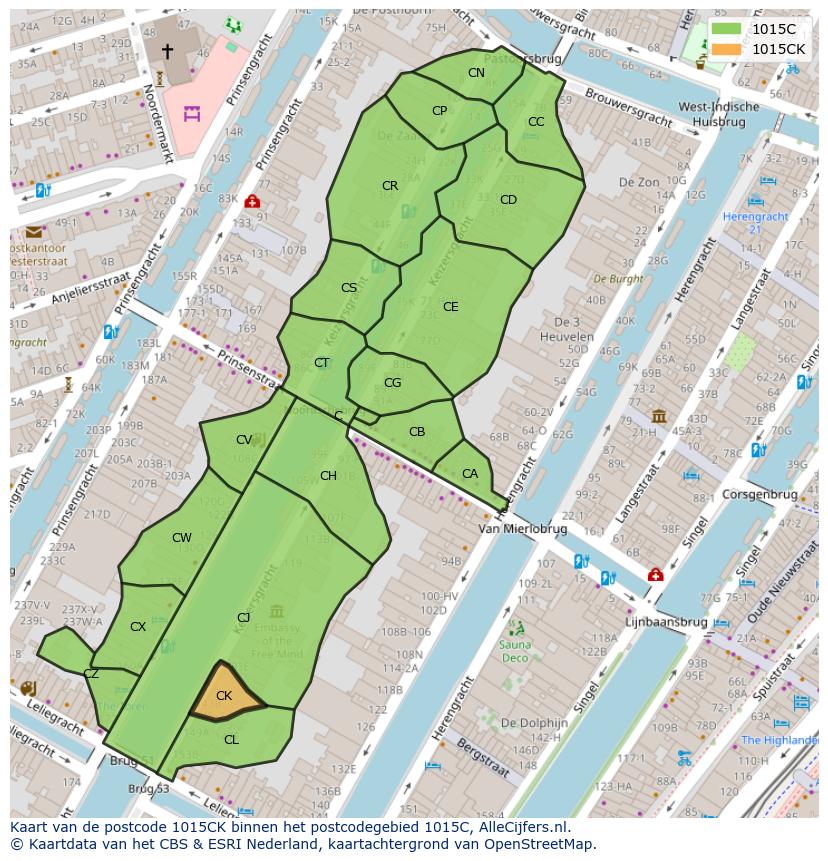 Afbeelding van het postcodegebied 1015 CK op de kaart.