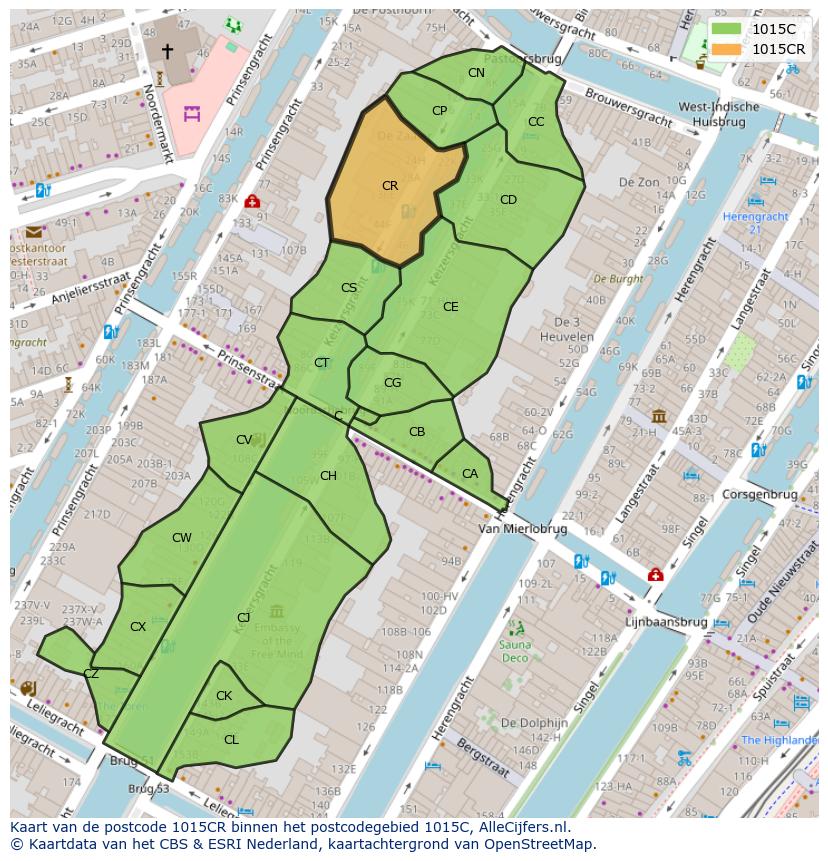 Afbeelding van het postcodegebied 1015 CR op de kaart.