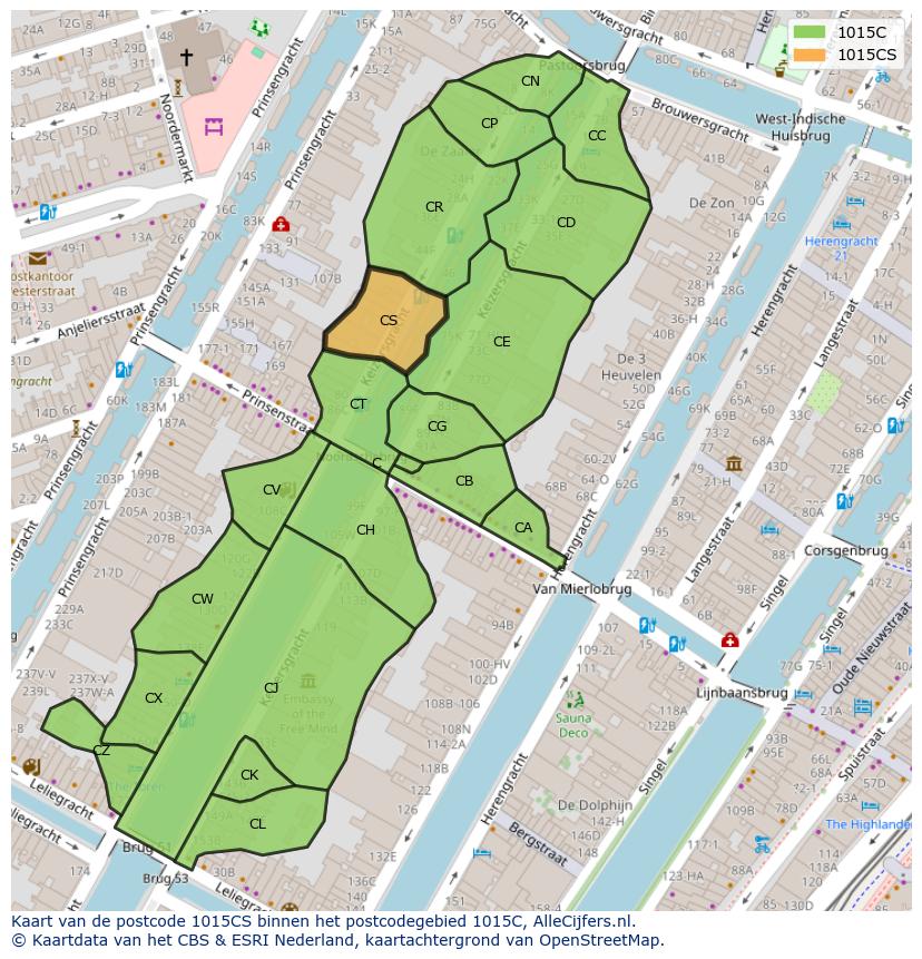 Afbeelding van het postcodegebied 1015 CS op de kaart.
