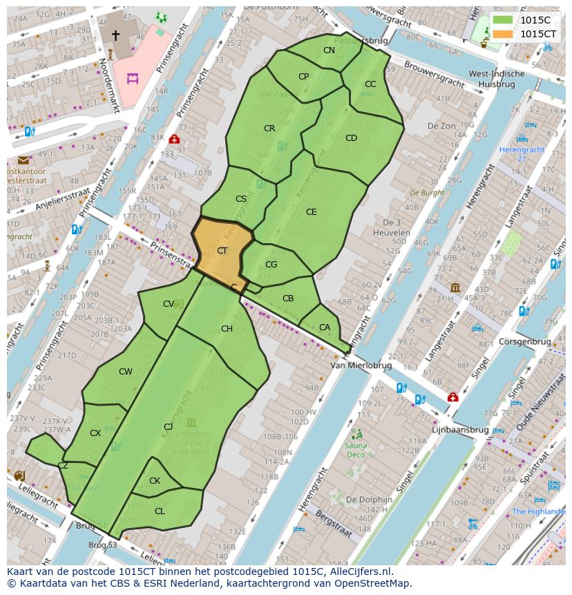 Afbeelding van het postcodegebied 1015 CT op de kaart.
