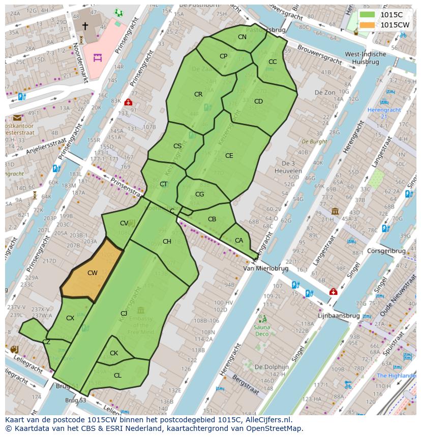 Afbeelding van het postcodegebied 1015 CW op de kaart.