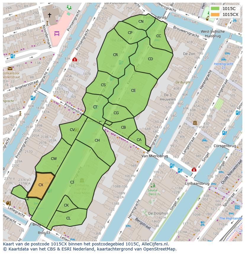 Afbeelding van het postcodegebied 1015 CX op de kaart.