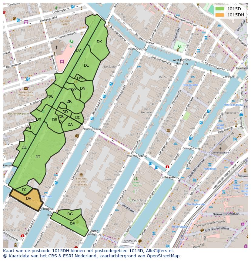 Afbeelding van het postcodegebied 1015 DH op de kaart.