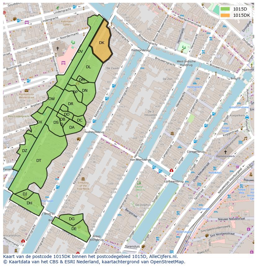 Afbeelding van het postcodegebied 1015 DK op de kaart.