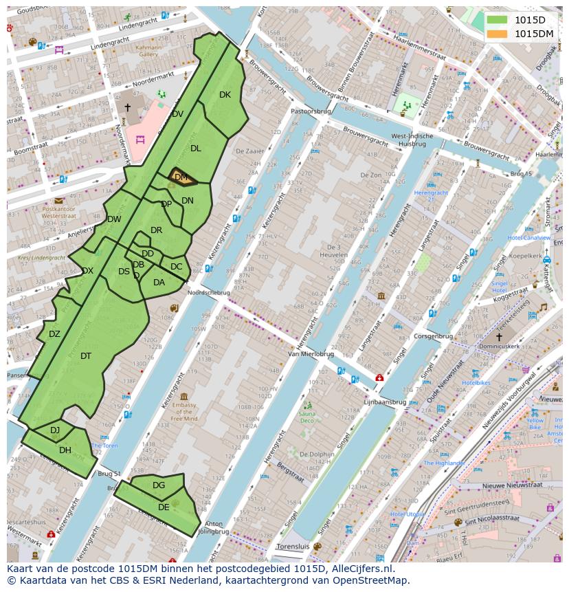 Afbeelding van het postcodegebied 1015 DM op de kaart.