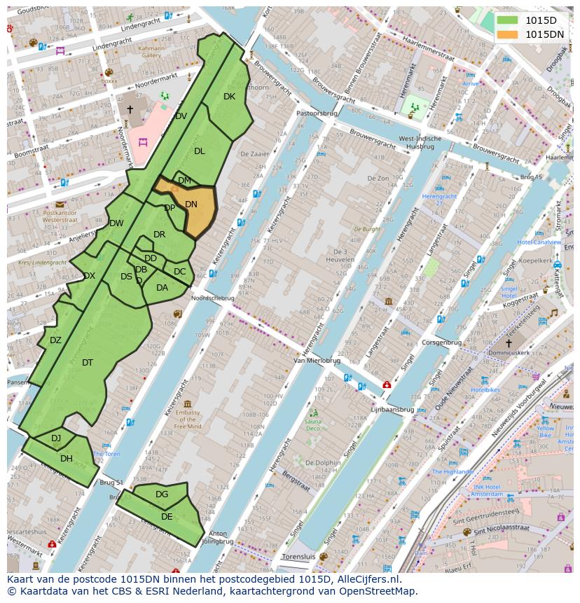 Afbeelding van het postcodegebied 1015 DN op de kaart.