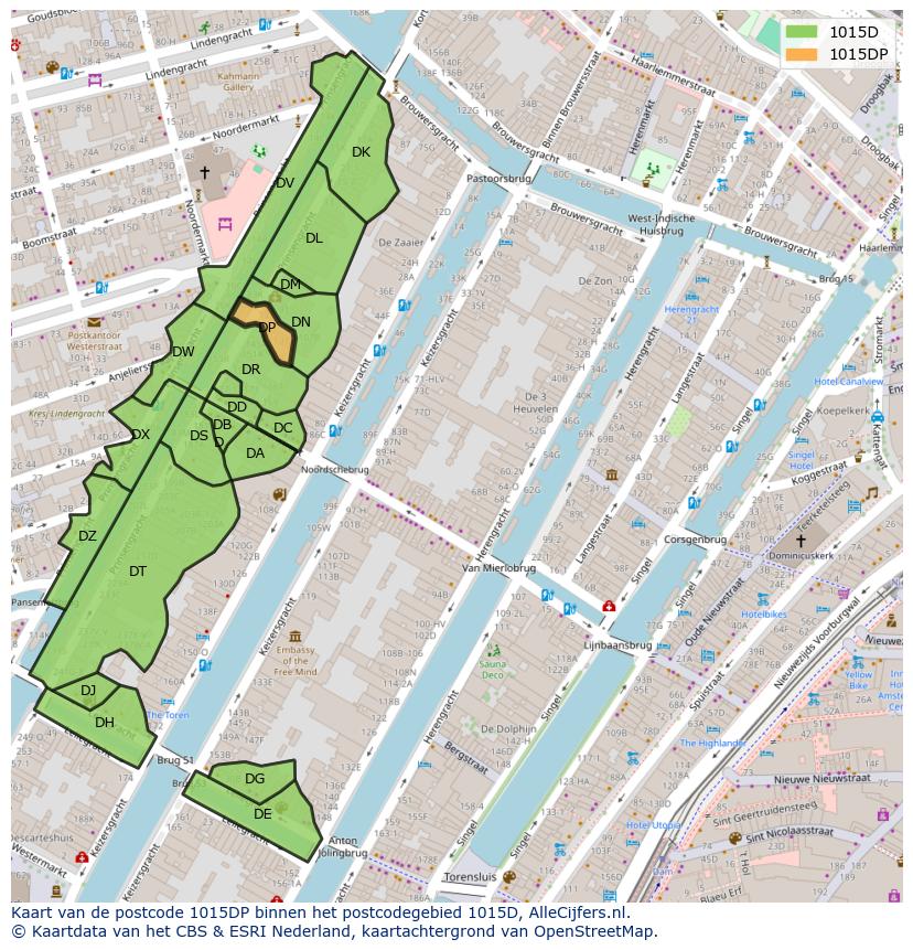 Afbeelding van het postcodegebied 1015 DP op de kaart.