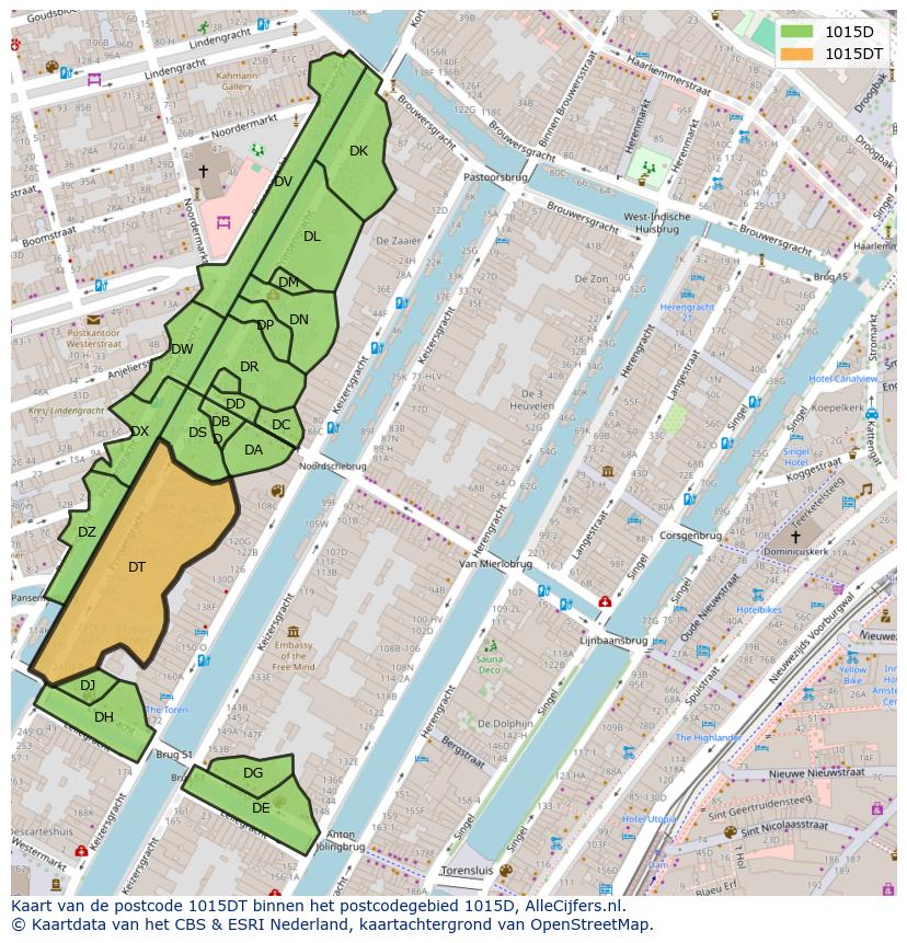 Afbeelding van het postcodegebied 1015 DT op de kaart.