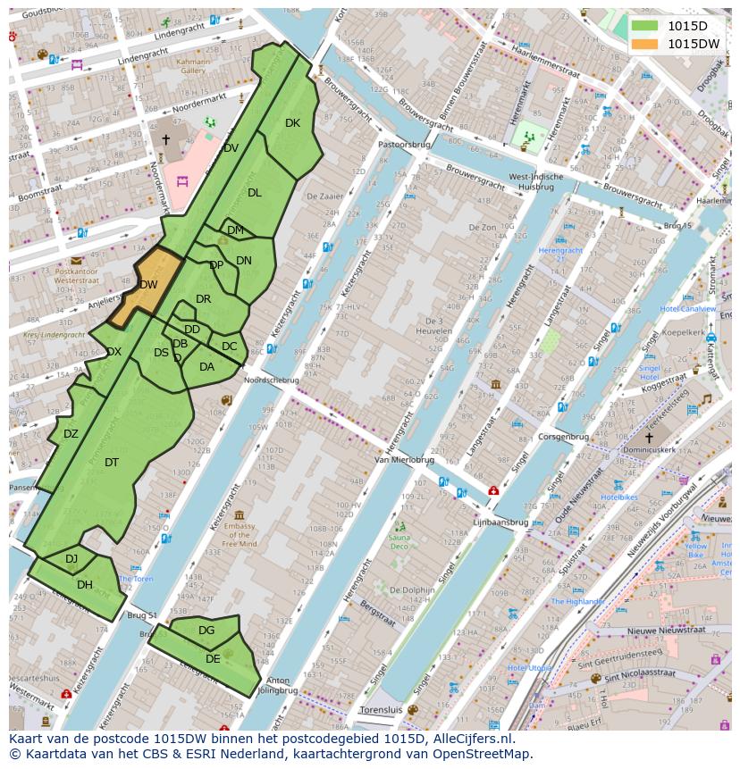 Afbeelding van het postcodegebied 1015 DW op de kaart.