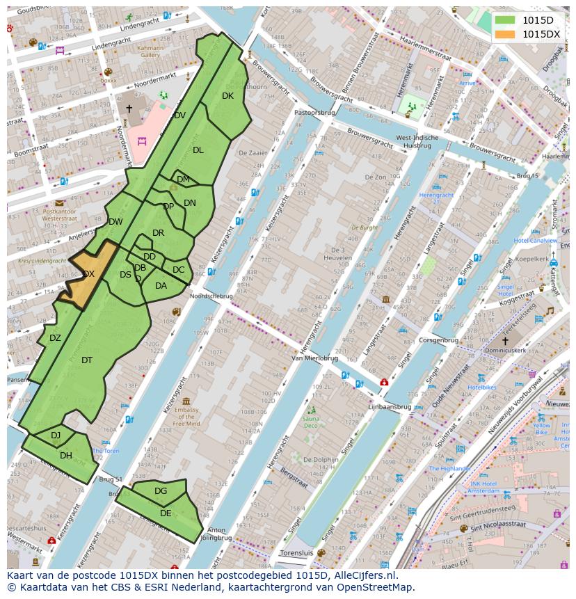Afbeelding van het postcodegebied 1015 DX op de kaart.