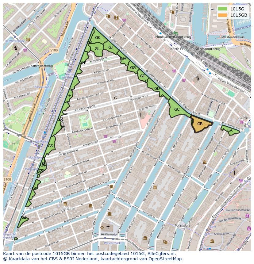 Afbeelding van het postcodegebied 1015 GB op de kaart.