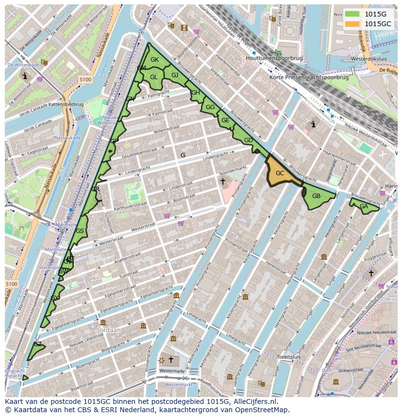 Afbeelding van het postcodegebied 1015 GC op de kaart.