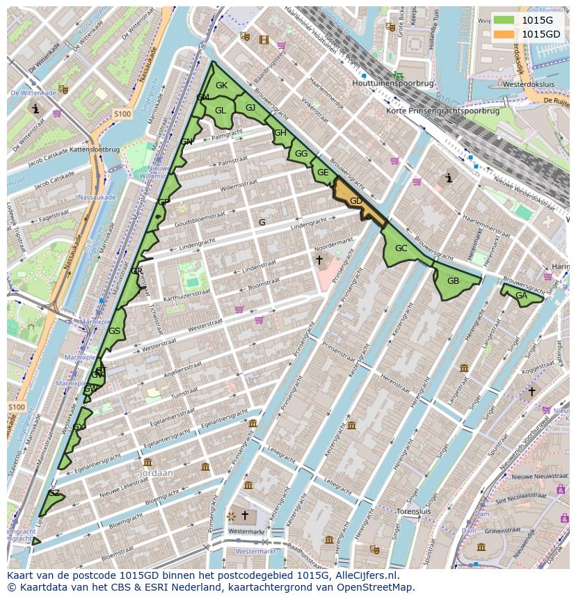 Afbeelding van het postcodegebied 1015 GD op de kaart.