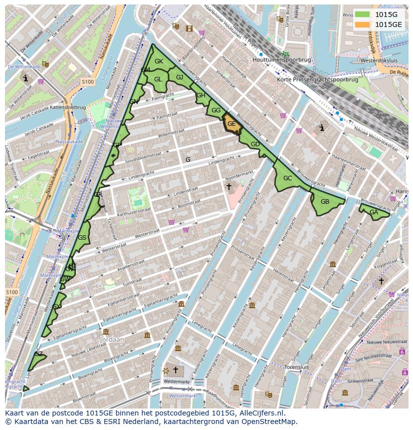 Afbeelding van het postcodegebied 1015 GE op de kaart.