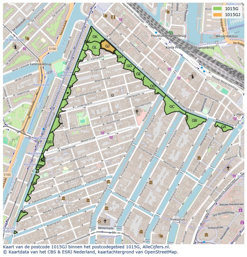 Afbeelding van het postcodegebied 1015 GJ op de kaart.