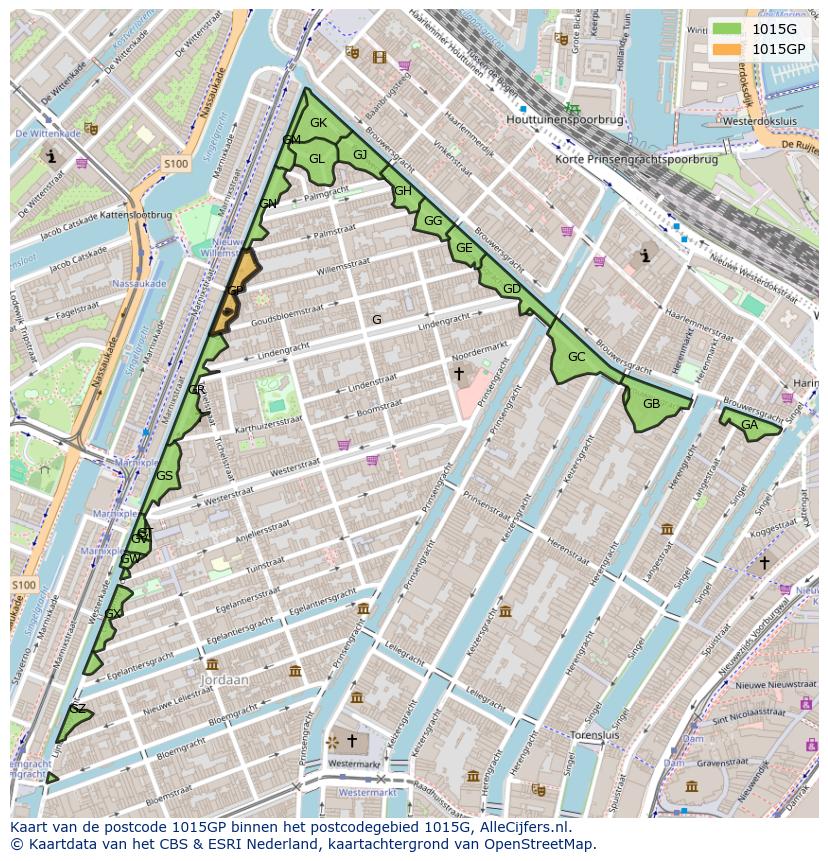 Afbeelding van het postcodegebied 1015 GP op de kaart.