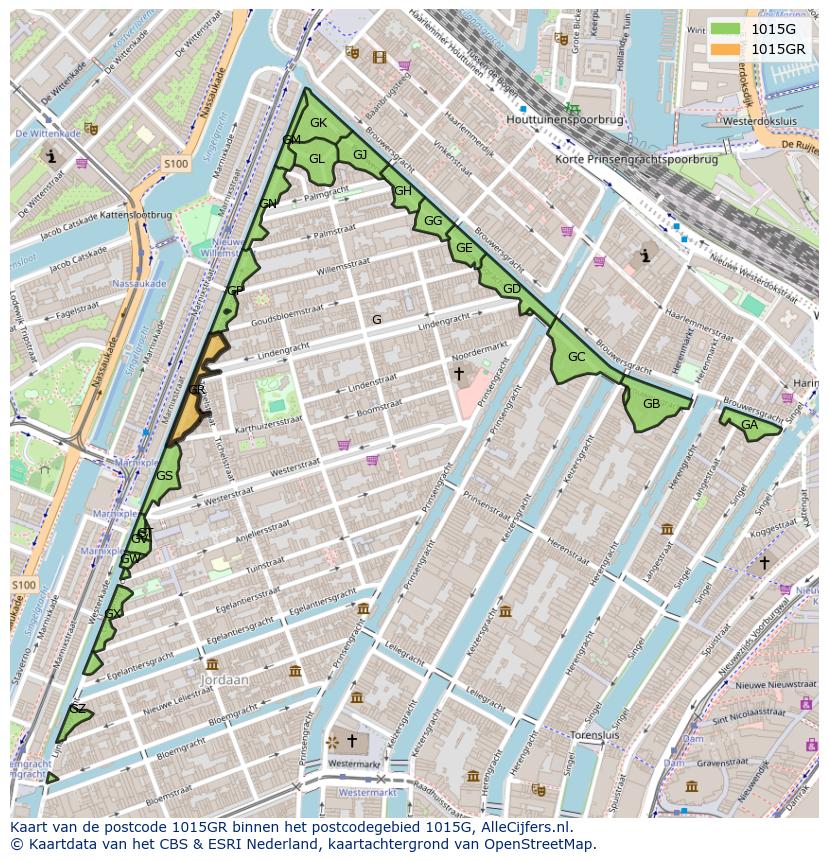 Afbeelding van het postcodegebied 1015 GR op de kaart.