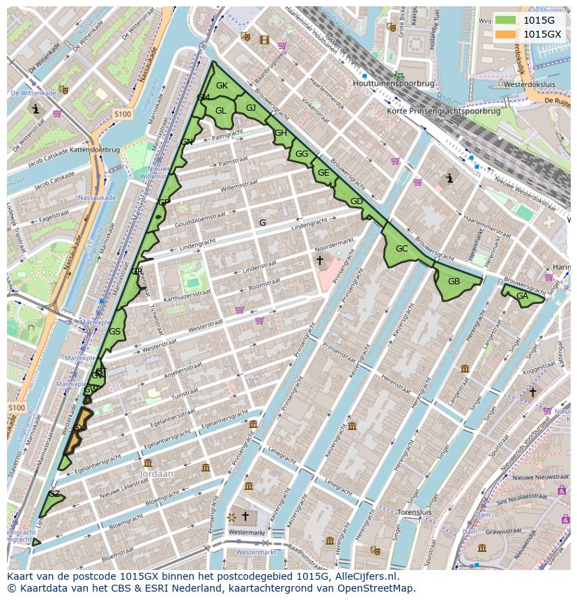 Afbeelding van het postcodegebied 1015 GX op de kaart.
