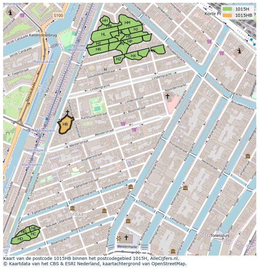 Afbeelding van het postcodegebied 1015 HB op de kaart.