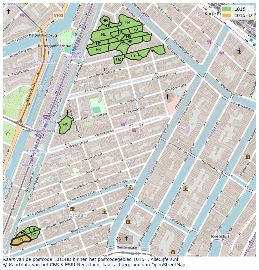 Afbeelding van het postcodegebied 1015 HD op de kaart.