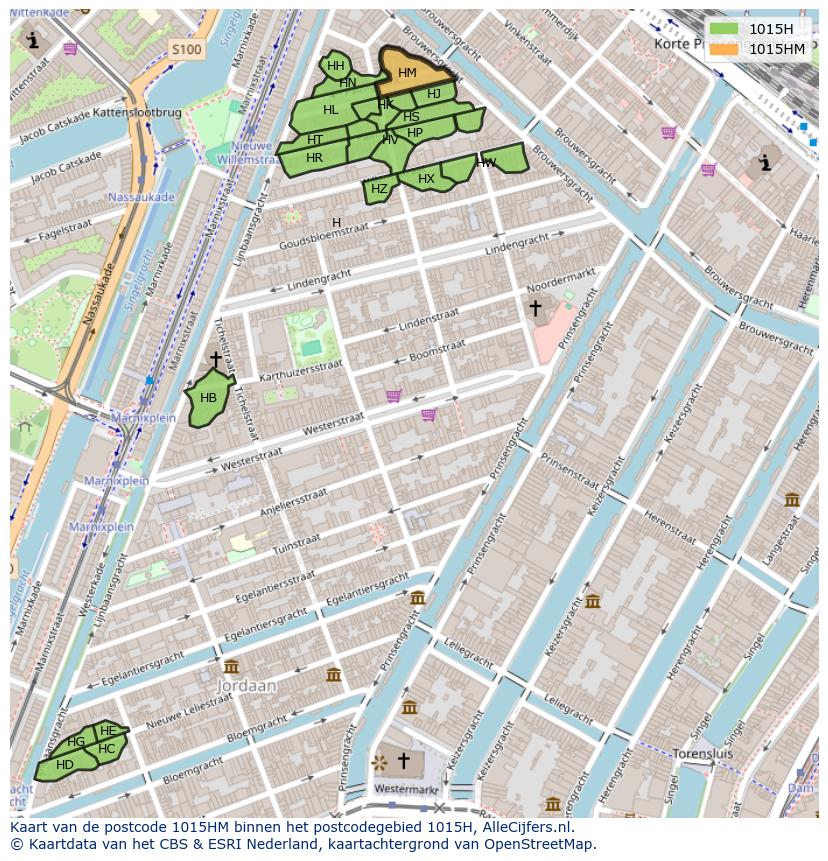 Afbeelding van het postcodegebied 1015 HM op de kaart.