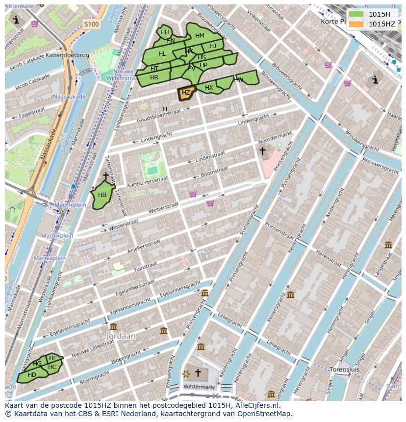 Afbeelding van het postcodegebied 1015 HZ op de kaart.