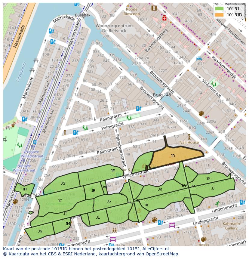 Afbeelding van het postcodegebied 1015 JD op de kaart.